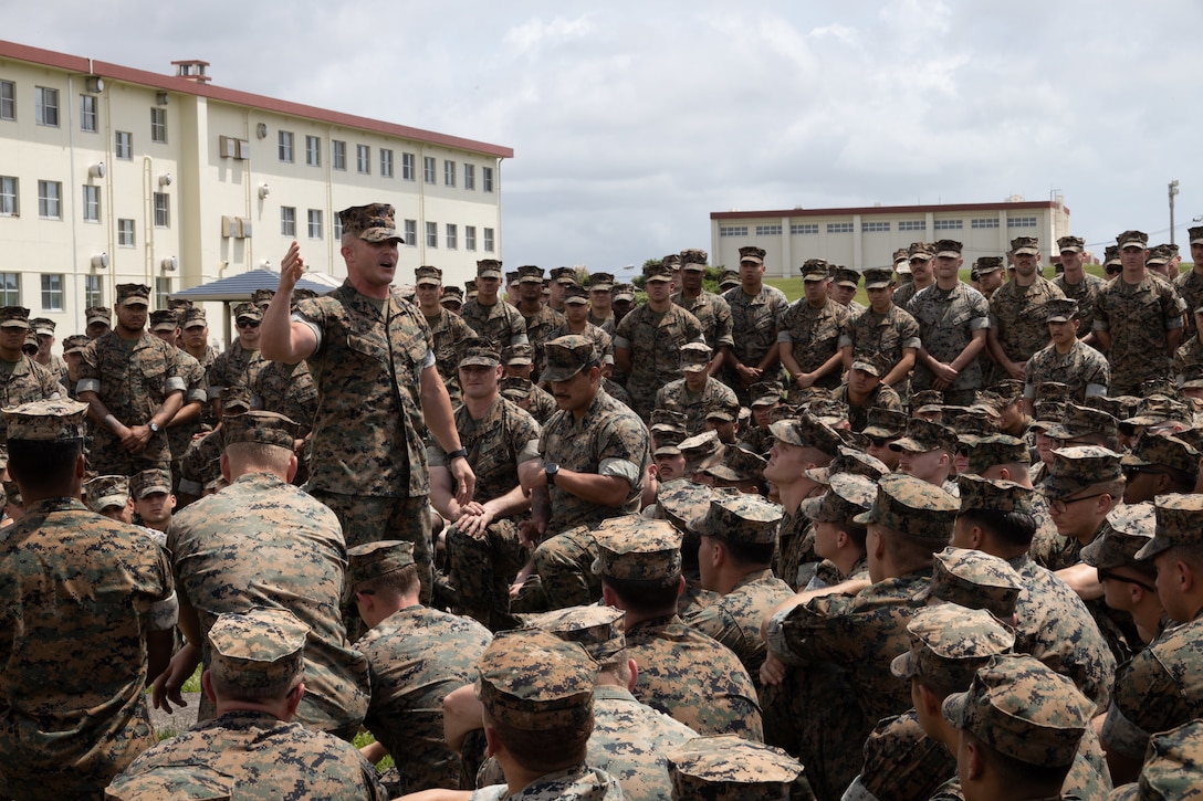 U.S. Marine Corps Sgt. Maj. Roland R. McGinnis, sergeant major of Battalion Landing Team 1/5, 31st Marine Expeditionary Unit (MEU), delivers a safety brief on Camp Hansen, Okinawa, Japan, April 29, 2022. The 31st MEU, the Marine Corps' only continuously forward-deployed MEU, provides a flexible and lethal force ready to perform a wide range of military operations as the premier crisis response force in the Indo-Pacific region. (U.S. Marine Corps photo by Lance Cpl. Christopher Lape)