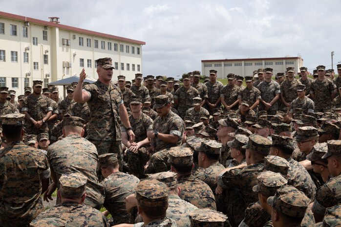 U.S. Marine Corps Sgt. Maj. Roland R. McGinnis, sergeant major of Battalion Landing Team 1/5, 31st Marine Expeditionary Unit (MEU), delivers a safety brief on Camp Hansen, Okinawa, Japan, April 29, 2022. The 31st MEU, the Marine Corps' only continuously forward-deployed MEU, provides a flexible and lethal force ready to perform a wide range of military operations as the premier crisis response force in the Indo-Pacific region. (U.S. Marine Corps photo by Lance Cpl. Christopher Lape)
