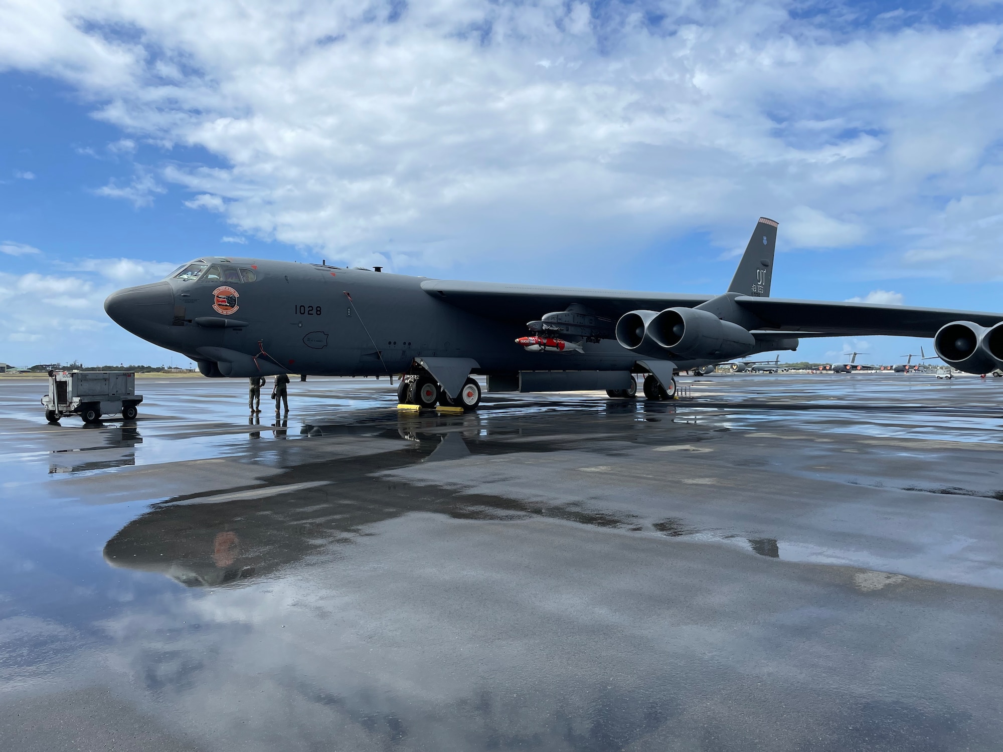 A U.S. Air Force B-52H Stratofortress assigned to the 49th Test and Evaluation Squadron, Barksdale Air Force Base, La., prepares to deploy inert Joint Direct Attack Munition QuickStrike Extended Range mines off the coast of Kauai, Hawaii at the Pacific Missile Range Facility in March, 2023.