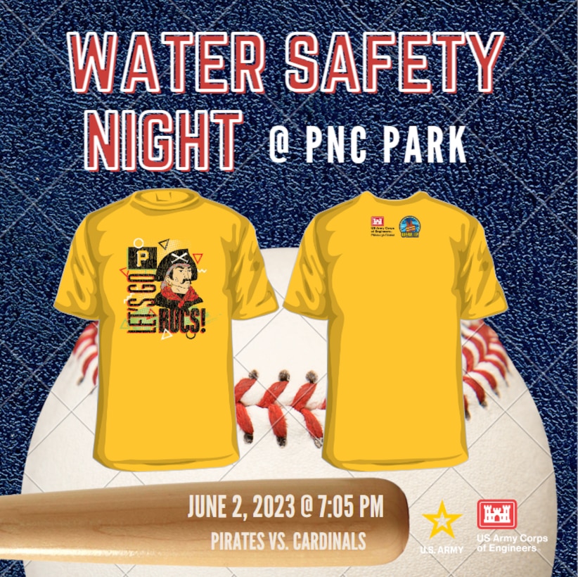 A flyer for the Water Safety Night 2023 event, including two yellow t-shirts and a baseball graphic.