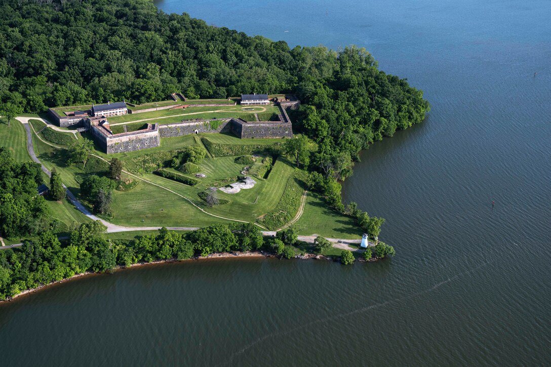 An aerial view of Fort Washington and surrounding coastline and water.