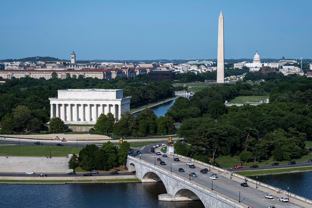 An aerial view of D.C. monuments.