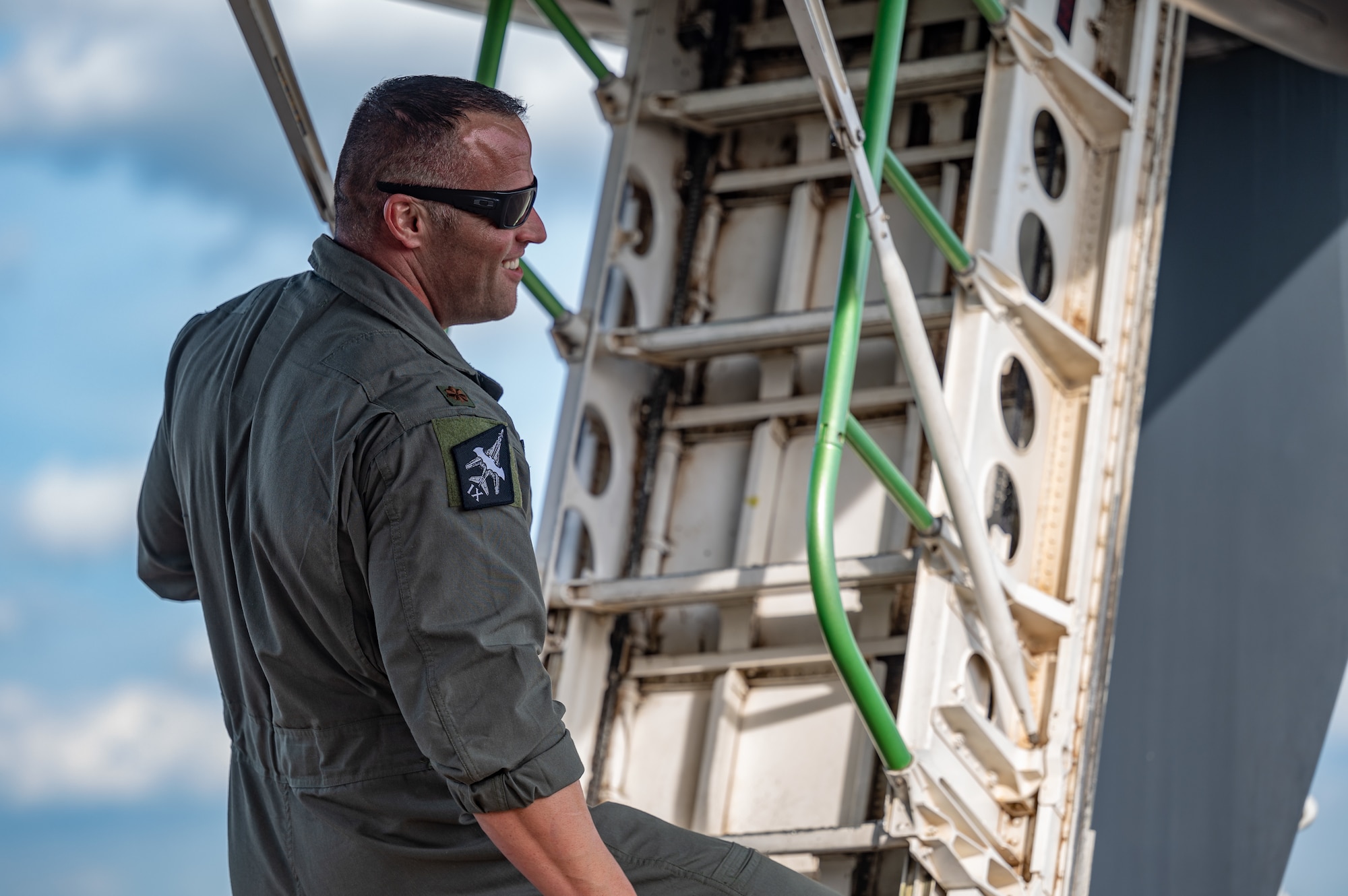 U.S. Air Force Maj. Alexis Shafer, B-1B Lancer weapon systems officer, exits the B-1B Lancer at RAF Fairford, United Kingdom, May 23, 2023 for Bomber Task Force Europe 23-3.