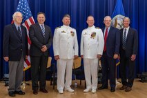 Naval Surface Warfare Center, Carderock Division’s Commanding Officers, both past and present, pose together during a change-of-command ceremony held in West Bethesda, Md., on May 12. From left are Capt. John Preisel, retired Capt. Mark Vandroff, retired, Capt. Matthew Tardy, Capt. Todd E. Hutchison, Capt. Charles Behrle, retired and Capt. Chris Meyer, retired. (U.S. Navy photo by Aaron Thomas)