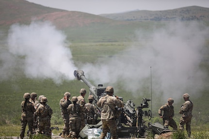 Soldiers assigned to Charlie Battery, 1st Battalion, 160th Field Artillery Regiment, 45th Infantry Brigade Combat Team, fire an M777 howitzer during a live-fire demonstration on May 20, 2023 at Fort Sill, Oklahoma. The unit was performing the live-fire event as part of their second annual family day event that they have hosted in order to strengthen bonds between the Soldiers and their families. (Oklahoma National Guard photo by Pfc. Anthony Ackah-Mensah)