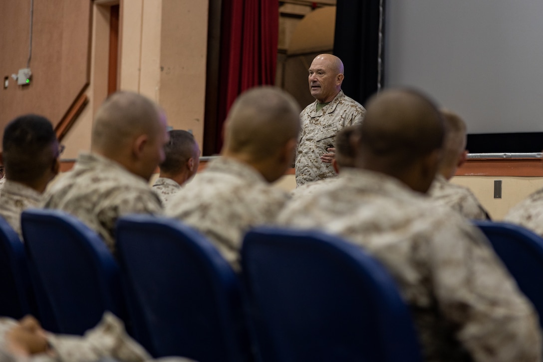 U.S. Marine Corps Maj. Gen. Austin E. Renforth, commanding general of Marine Air-Ground Task Force Training Command (MAGTFTC), Marine Corps Air-Ground Combat Center (MCAGCC), gives a welcome aboard brief to incoming Marines at MCAGCC, Twentynine Palms, California, May 17, 2023. The welcome aboard brief is given to new Marines of MCAGCC to provide them with base information, resources, and opportunities. (U.S. Marine Corps photo by Lance Cpl. Richard PerezGarcia)