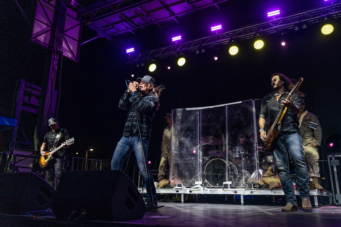 3 Doors Down band members, perform during the We Salute You Celebration at Victory Field at Marine Corps Air-Ground Combat Center, Twentynine Palms, California, May 6, 2023. Grammy-nominated rock band 3 Doors Down headlined this annual Marine Corps Community Services sponsored event meant to honor Combat Center service members and their families by providing food, activities and live entertainment. (U.S. Marine Corps photo by Lance Cpl. Richard PerezGarcia)