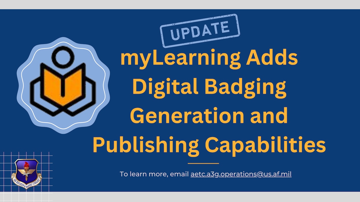 yellow text on blue background with myLearning logo inside digital credential bubble