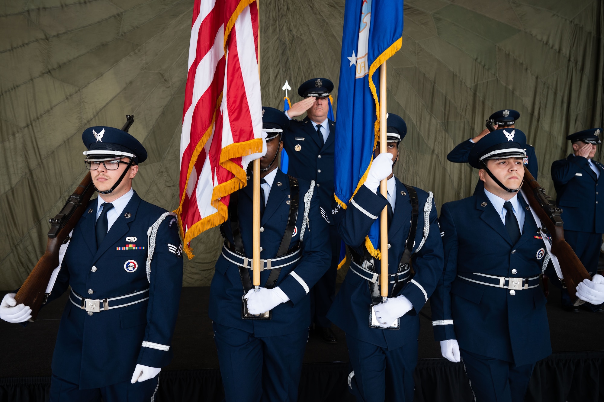 U.S. Air Force Lt. Gen. Tony Bauernfeind, Air Force Special Operations Command commander, salutes during the change of command ceremony at Cannon Air Force Base, New Mexico, May 24, 2023.