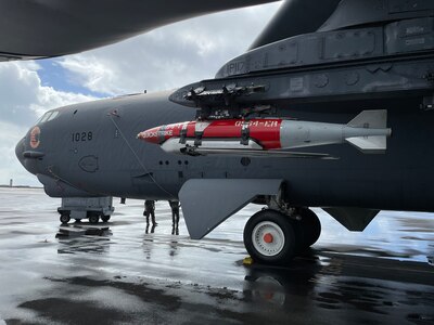 An inert Joint Direct Attack Munition QuickStrike Extended Range mine is attached to a U.S. Air Force B-52H Stratofortress assigned to the 49th Test and Evaluation Squadron, Barksdale Air Force Base, La., in early March, 2023. (U.S. Air Force courtesy photo)