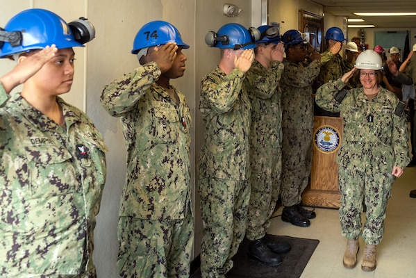 Vice Chief of Naval Operations Adm. Lisa Franchetti departs the floating accommodation facility after a tour of the Nimitz-Class aircraft carrier USS John C. Stennis.