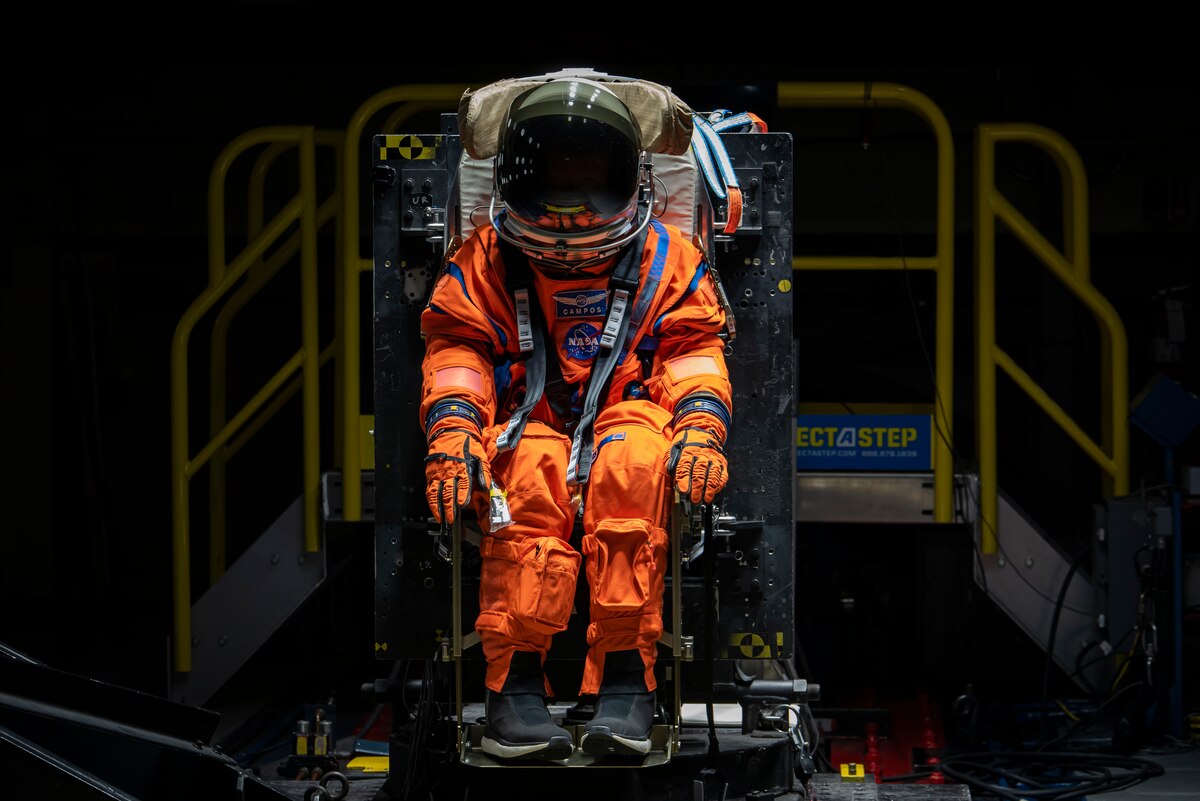Campos, a fire and rescue training manikin, at the sled test facility at Wright-Patterson Air Force Base, Ohio, April 17, 2023, where Air Force Research Laboratory, or AFRL, and NASA staff test the seat and flight suit for safety measures. AFRL and NASA, along with other industry partners, such as Lockheed Martin, tested the most current iteration of an astronaut crew seat and flight suit that will be used on the Orion spacecraft during the next mission to the moon under the Artemis Program. The manikin used in the testing was Campos, named after the legendary Arturo Campos, an electrical engineer who was instrumental to saving the Apollo 13 crew. Campos is accurately weighed and has the appropriate density of a human for testing. (U.S. Air Force photo / Rick Eldridge)
