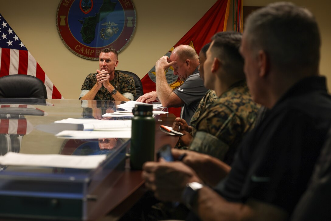 Marine Corps Base (MCB) Camp Blaz staff engages in an annual typhoon exercise on MCB Camp Blaz, Guam, April 21, 2023. MCB Camp Blaz participated in Joint Region Marianas’ typhoon exercise from April 20 – 27, 2023. This training prepared service members for typhoon season by rehearsing emergency situations and strengthening communication tactics. (U.S. Marine Corps photo by Lance Cpl. Garrett Gillespie)