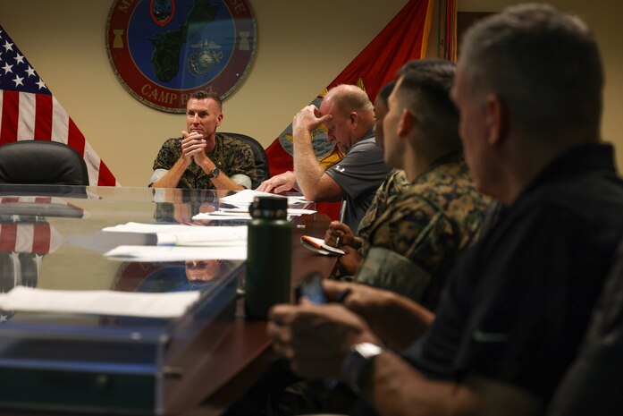 Marine Corps Base (MCB) Camp Blaz staff engages in an annual typhoon exercise on MCB Camp Blaz, Guam, April 21, 2023. MCB Camp Blaz participated in Joint Region Marianas’ typhoon exercise from April 20 – 27, 2023. This training prepared service members for typhoon season by rehearsing emergency situations and strengthening communication tactics. (U.S. Marine Corps photo by Lance Cpl. Garrett Gillespie)