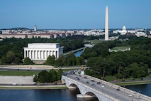 An aerial view of D.C. monuments.