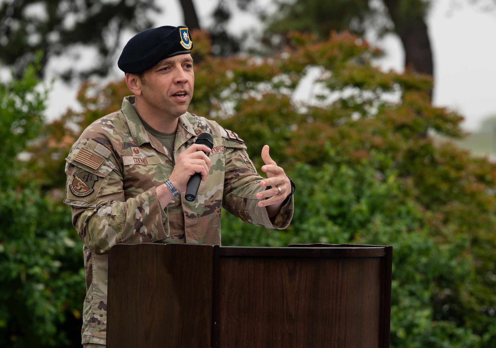 Lt. Col. Jesse “Sheriff” Goens, 8th Security Forces Squadron commander, gives remarks during the 2023 National Police Week opening ceremony at Kunsan Air Base, Republic of Korea, May 22, 2023. National Police Week honors law enforcement members, specifically those who have their lives in the line of duty. (U.S. Air Force photo by Staff Sgt. Sadie Colbert)