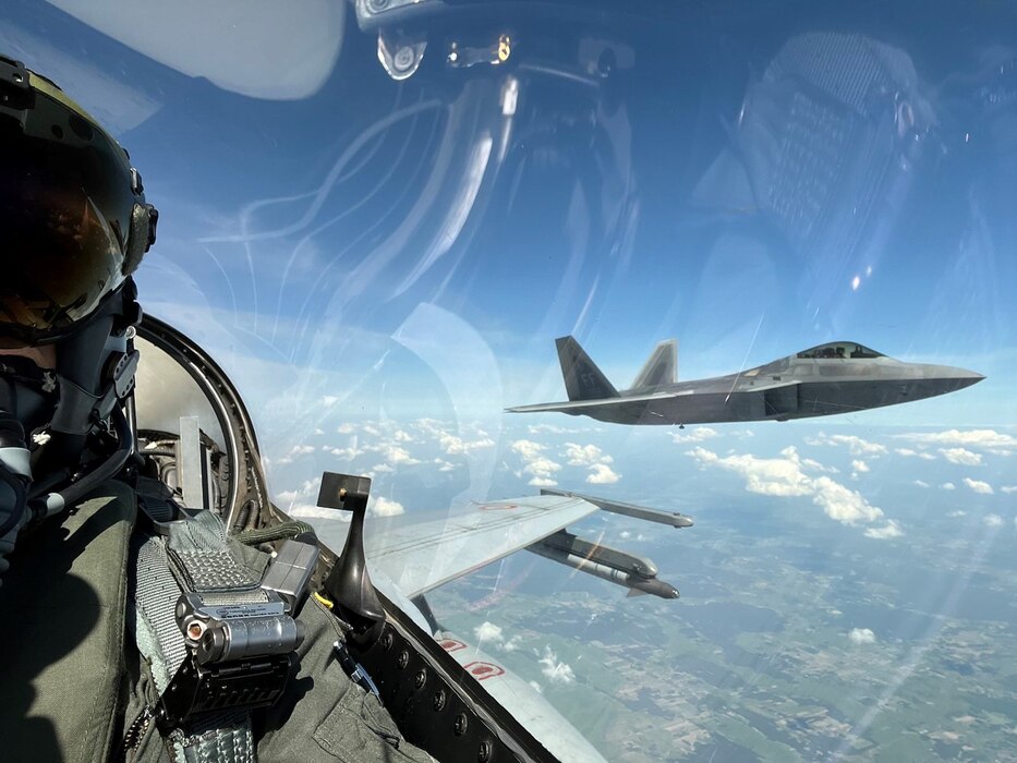 U.S. Air Force F-22 Raptors participate in joint training with Romanian and Italian air forces over Câmpia Turzii, May 23, 2023. U.S. Air Force fifth-generation fighters supporting NATO Allied Air Command’s Air Shielding mission along the Eastern Flank. (Courtesy Photo)
