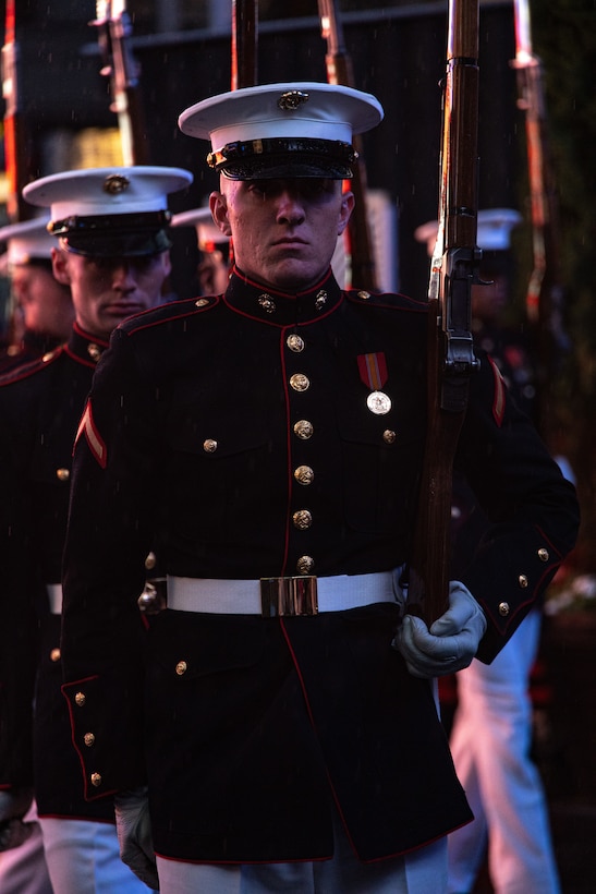 The Marine Corps Silent Drill Platoon performs at Times Square, N.Y. during Fleet Week New York (FWNY), May 24, 2023. During FWNY 2023, more than 3,000 service members from the Marine Corps, Navy and Coast Guard and our NATO allies from Great Britain, Italy and Canada are engaging in special events throughout New York City and the surrounding Tri-State Region, showcasing the latest capabilities of today’s maritime services and connecting with citizens. The events include free public ship tours, military static displays, and live band performances and parades. (Photo by Mass Communication Specialist 1st Class Rachael A. Treon)