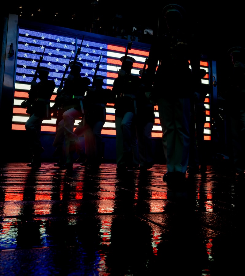 The Marine Corps Silent Drill Platoon performs at Times Square, N.Y. during Fleet Week New York (FWNY), May 24, 2023. More than 3,000 service members from the Marine Corps, Navy and Coast Guard and our NATO allies from Great Britain, Italy and Canada are engaging in special events throughout New York City and the surrounding Tri-State Region during FWNY 2023, showcasing the latest capabilities of today’s maritime services and connecting with citizens. The events include free public ship tours, military static displays, and live band performances and parades. (U.S. Marine Corps photo by Sgt. Juan Carpanzano)