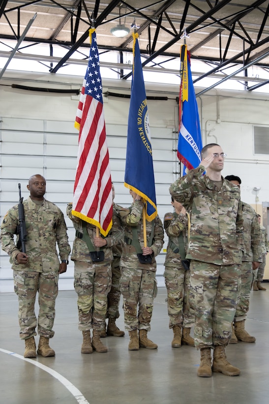 Members of the Recruiting and Retention Battalion, Kentucky Army National Guard, post colors