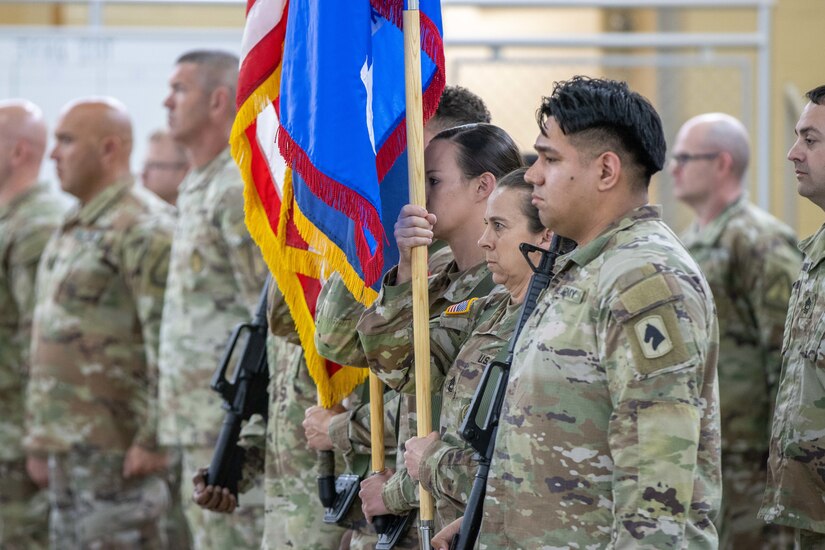 Members of the Recruiting and Retention Battalion, Kentucky Army National Guard, post colors