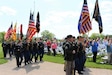 Soldiers of the 28th Infantry Division carry their unit colors at the division’s annual memorial service May 21, 2023, at the 28th Infantry Division National Shrine in Boalsburg, Pa. (Pennsylvania National Guard photo by Lt. Col. Keith Hickox)