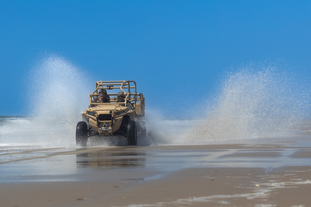 U.S. Marines with Combat Logistics Battalion 8, Combat Logistics Regiment 2, 2nd Marine Logistics Group, conduct mock convoy operations on Camp Lejeune, North Carolina, May 16, 2023. Marines with CLB8 utilize the UTV getting behind the wheel training and familiarization its capabilities. (U.S. Marine Corps photo by LCpl. Christian Salazar)