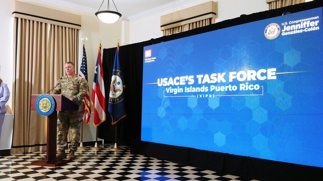 U.S. Army Corps of Engineers, South Atlantic Division commander, Brig. Gen. Daniel Hibner announces the creation of Task Force U.S. Virgin Islands and Puerto Rico (TF VIPR) during a press conference that was held in San Juan, Puerto Rico.  (USACE photo by Luis Deya)