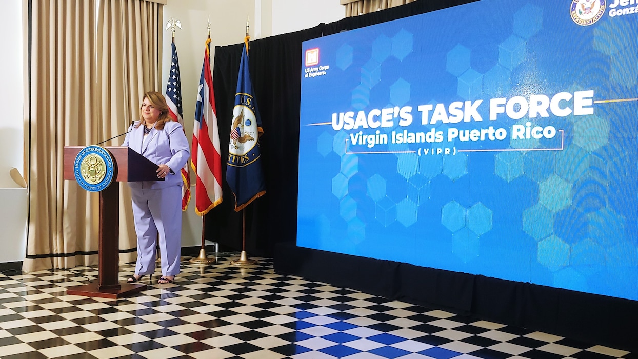 U.S. Army Corps of Engineers, South Atlantic Division commander, Brig. Gen. Daniel Hibner and Puerto Rico Congresswoman Jenniffer Gonzalez-Colon Resident for Puerto Rico, introduces key leadership that is currently coordinating the creation and establishment of Task Force U.S. Virgin Islands and Puerto Rico (TF VIPR) during a press conference that was held in San Juan, Puerto Rico. Task Force U.S. Virgin Islands and Puerto Rico (Task Force VIPR) was created to organize and prioritize the demand of construction projects throughout the Virgin Islands and Puerto Rico.  (USACE photo by Luis Deya)