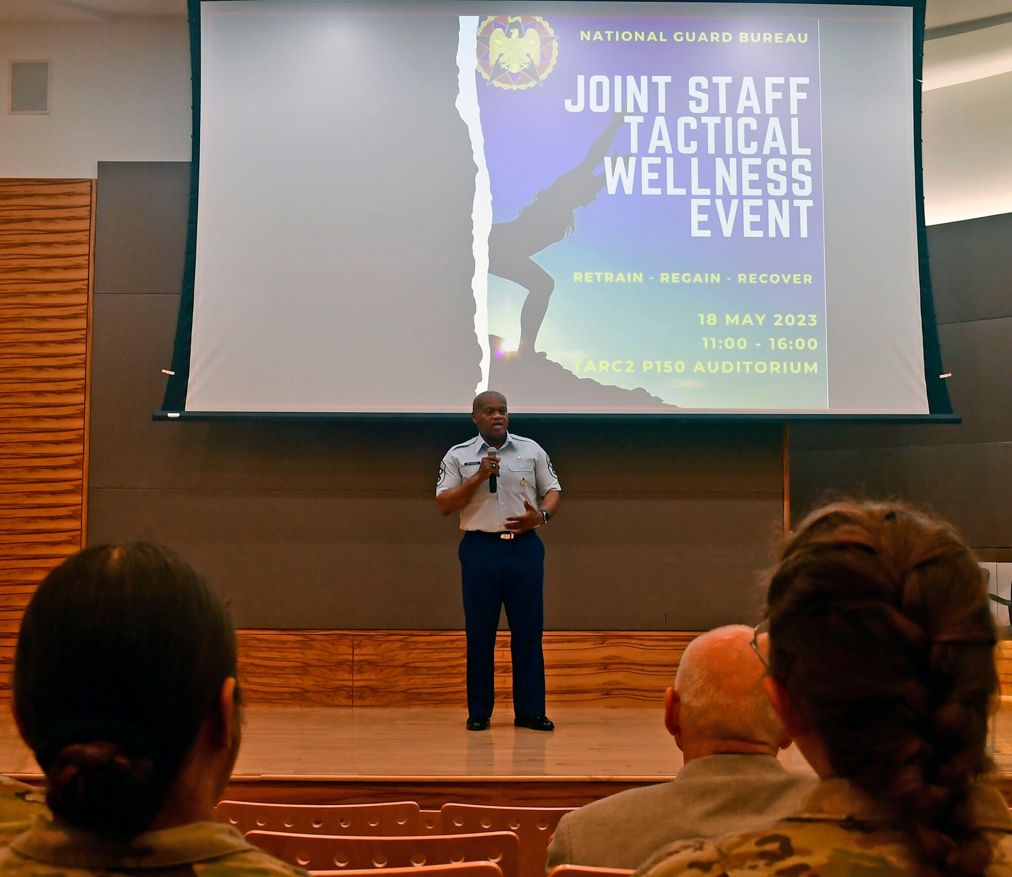 U.S. Air Force Senior Enlisted Advisor Tony Whitehead, SEA to the chief, National Guard Bureau, provides opening remarks during aJoint Staff Tactical Wellness Event May 18, 2023, at the Herbert R. Temple Jr. Army National Guard Readiness Center. The one-day event educated members on resources and practices to improve health and wellness.