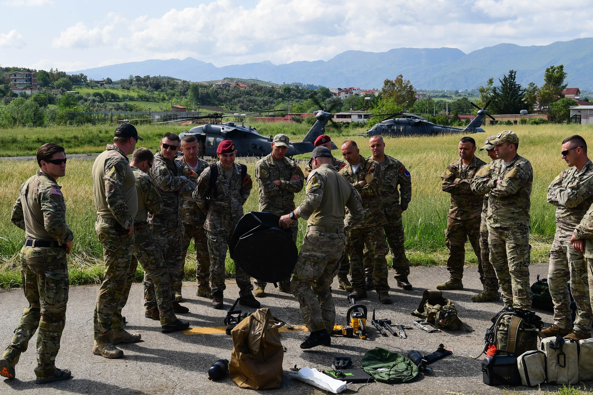 Pararescuemen assigned to the 57th Rescue Squadron perform training for the Albanian army special operations unit as part of exercise Astral Knight 2023