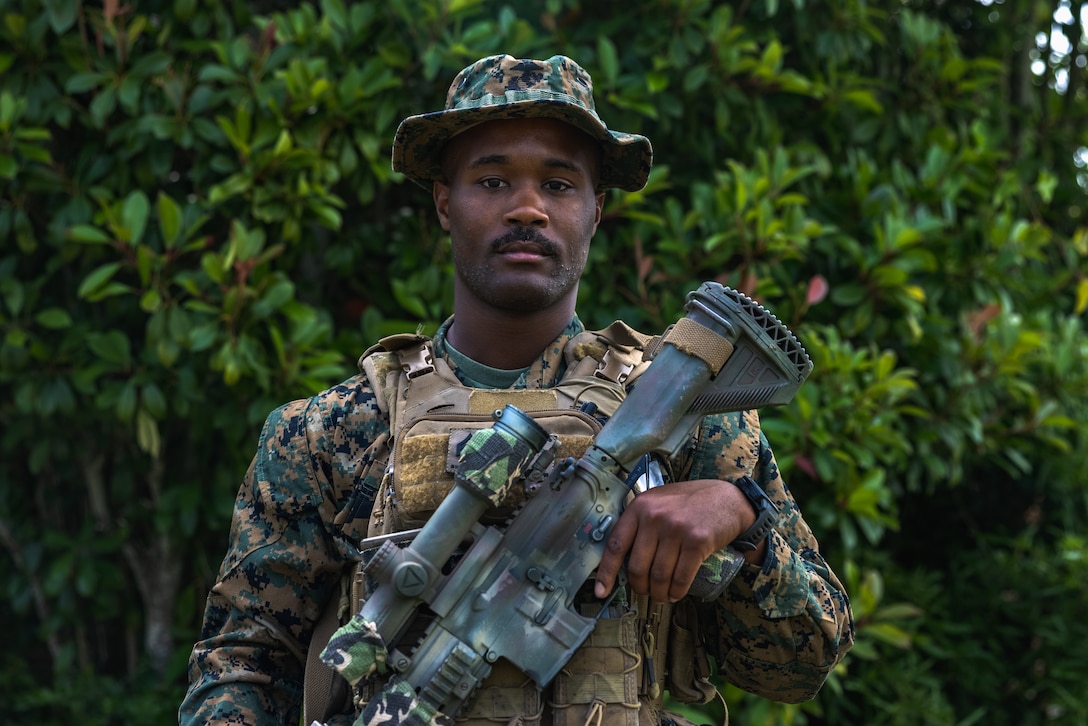 U.S. Marine Corps Sgt. Perry Bing, a Savannah, Georgia native and squad leader with 1st Battalion, 8th Marine Regiment, 2d Marine Division, poses for a photo on Camp Lejeune, North Carolina, May 18, 2023.
