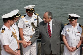 Secretary of the Navy Carlos Del Toro welcomes sailors from the Royal Netherlands Navy to Fleet Week New York.