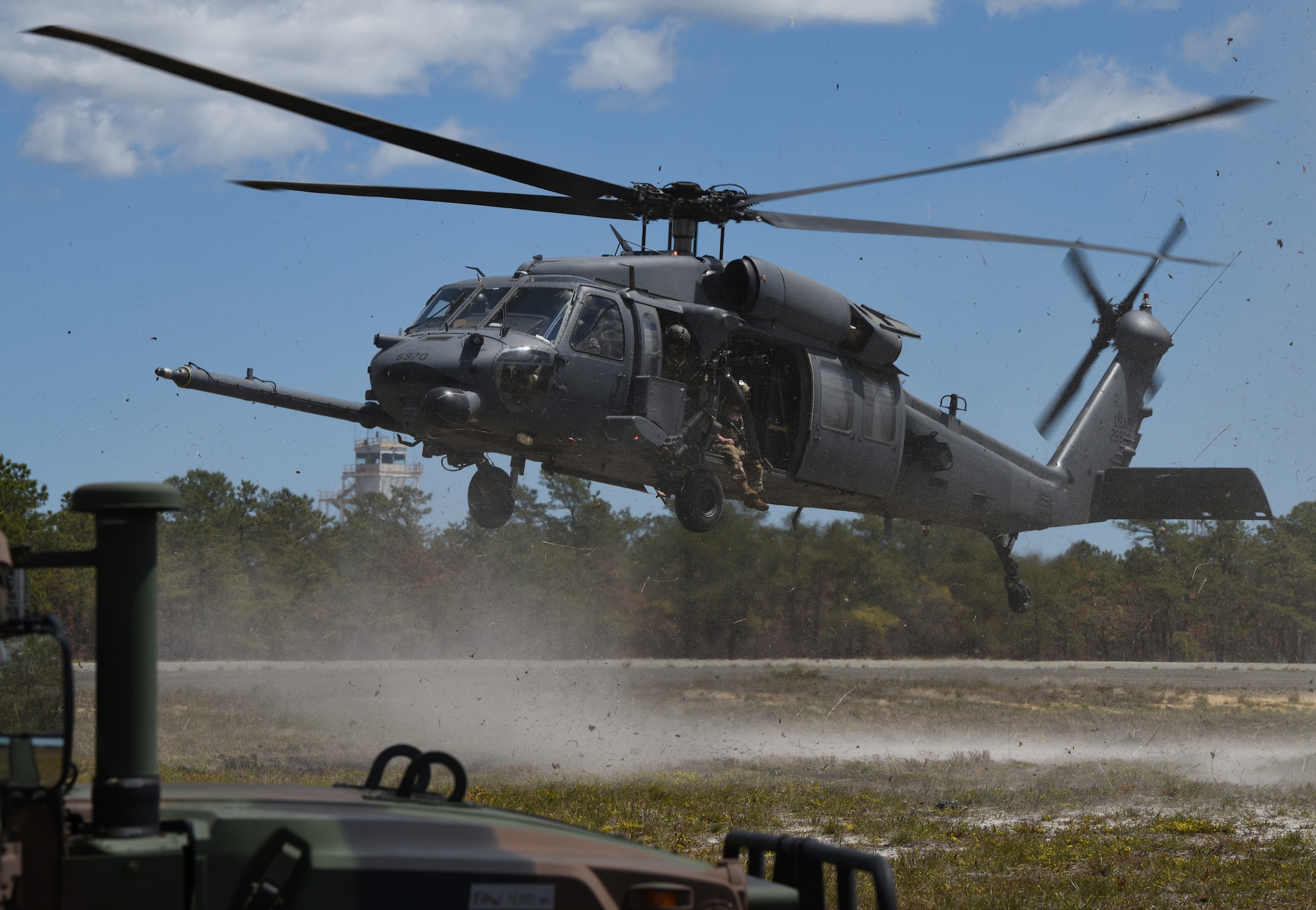 F.S. GABRESKI AIR NATIONAL GUARD BASE, N.Y. – Rescue aircraft circled overhead and Green Berets dropped in to recover a simulated friendly casualty when the New York Air National Guard conducted a joint combat rescue exercise with Army National Guard Special Forces personnel, to strengthen their one-team, one-fight capabilities at Warren Grove Bombing Range, N.J., May 6, 2023.