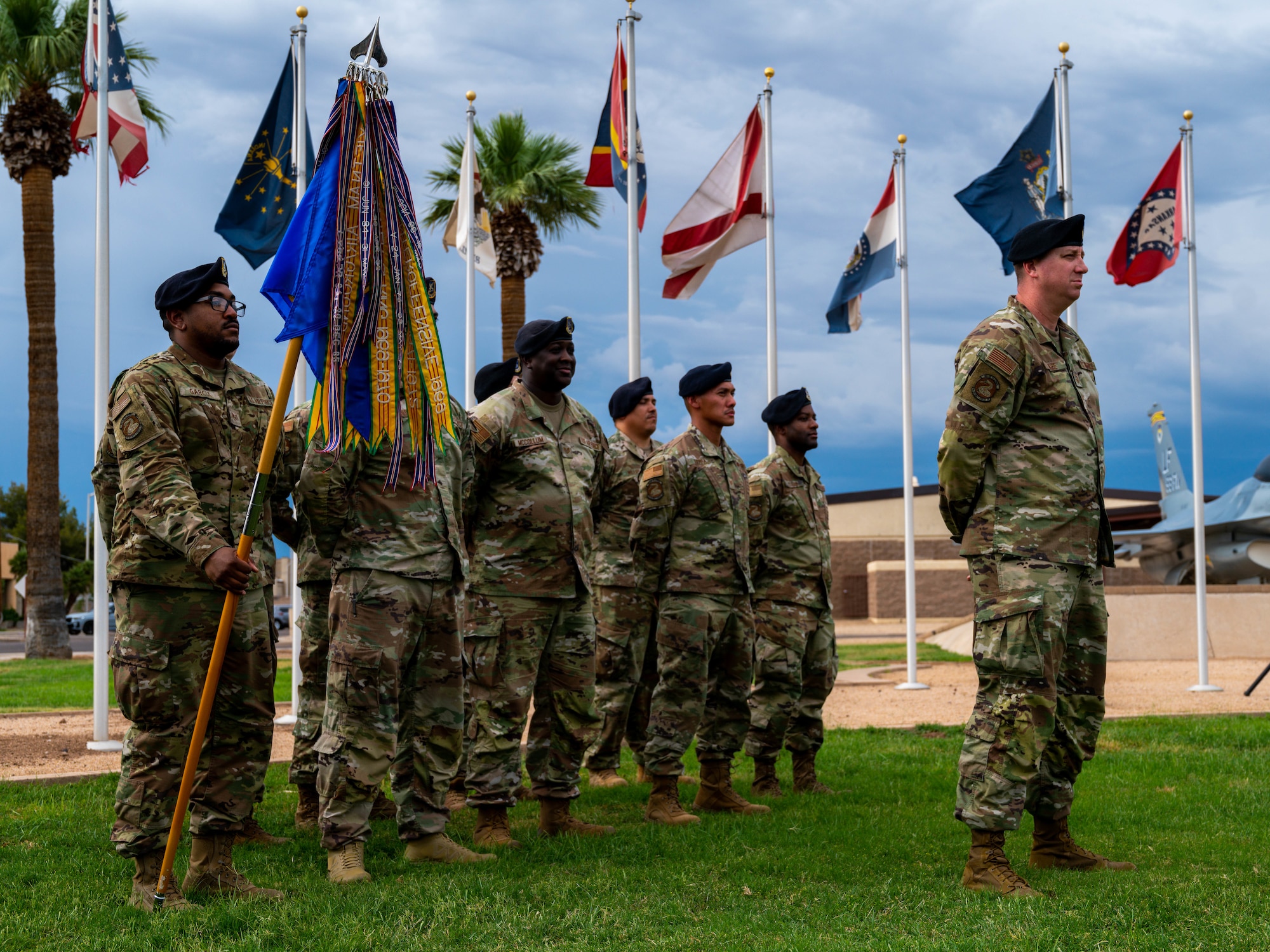 Members of the 56th Security Forces Squadron stand in formation, May 19, 2023, at Luke Air Force Base, Arizona.