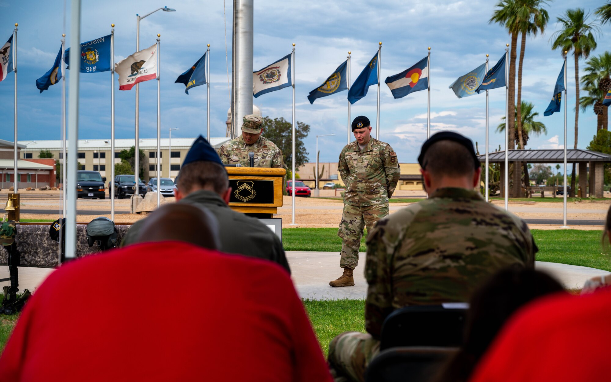 U.S. Air Force Capt. Jeffrey Rybold, 56th Fighter Wing chaplain, provides an invocation, May 19, 2023, at Luke Air Force Base, Arizona.
