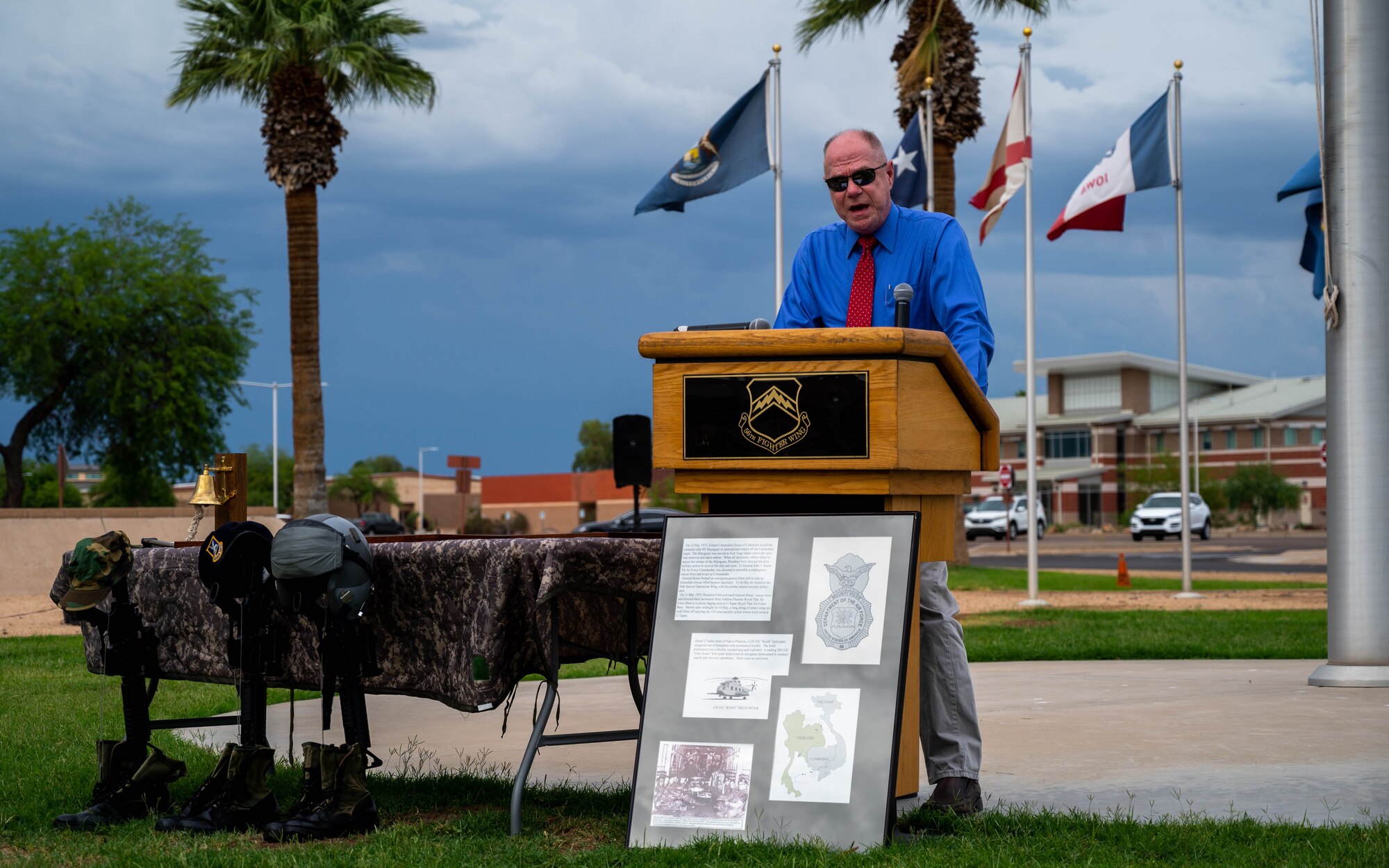 Jerold Haupt, 56th Security Forces Squadron chief of standardized evaluations, addresses a crowd May 19, 2023, at Luke Air Force Base, Arizona.