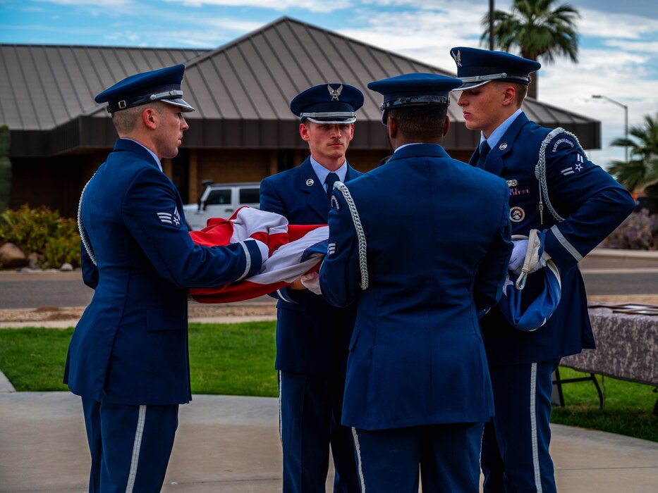 Members of the Luke Air Force Base Honor Guard prepare to perform a flag folding, May 19, 2023, at Luke AFB, Arizona.