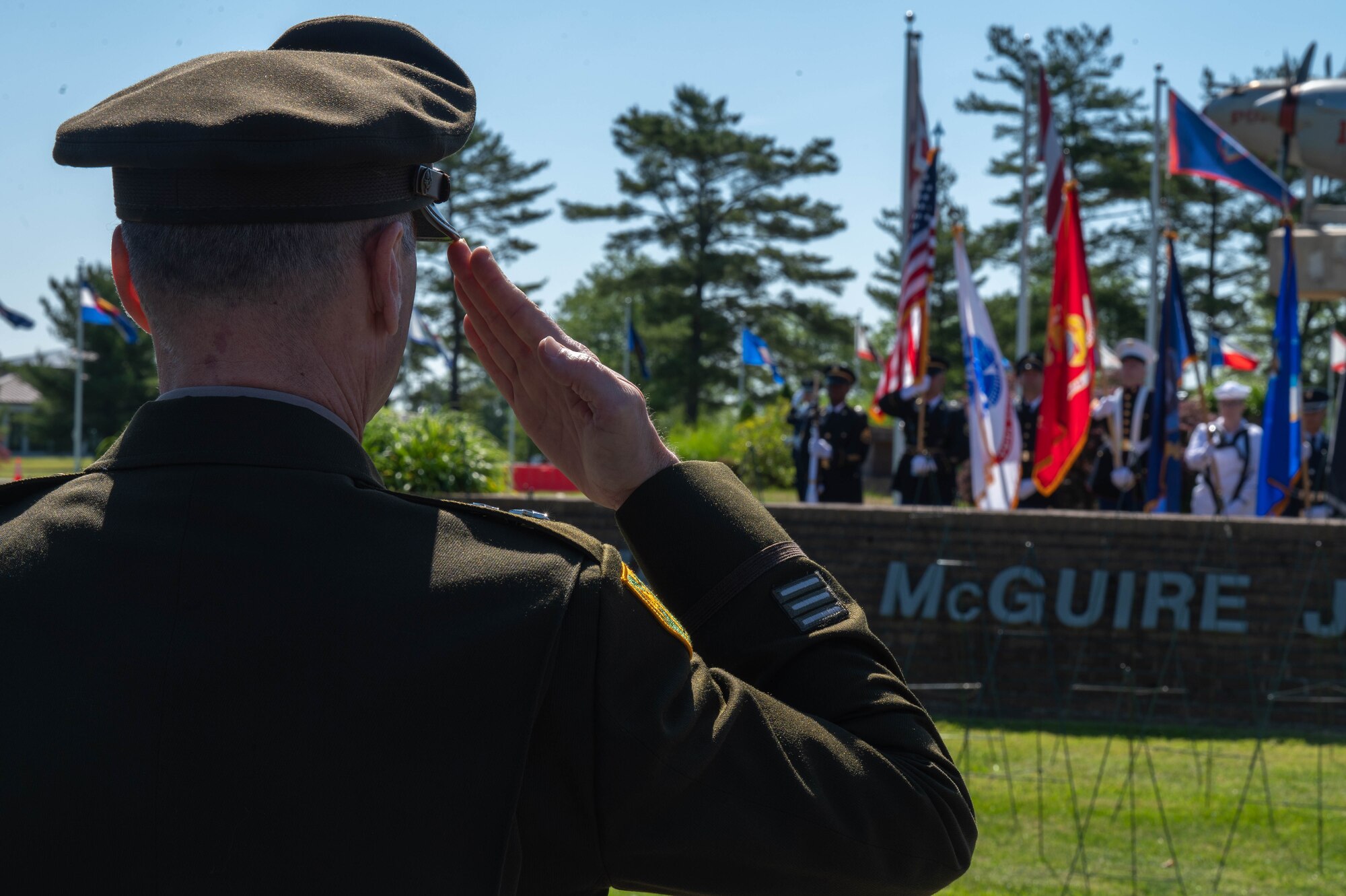 A veteran salutes during the 2023 Parade of Wreaths Ceremony at Joint Base McGuire-Dix-Lakehurst, N.J. May 25, 2023. The event honors service members and police personnel who have given their lives in the line of duty. (U.S. Air Force photo by Senior Airman Faith Iris MacIlvaine)