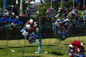 Wreaths are displayed during the 2023 Parade of Wreaths Ceremony at Joint Base McGuire-Dix-Lakehurst, N.J. May 25, 2023. The event honors service members and police personnel who have given their lives in the line of duty. (U.S. Air Force photo by Senior Airman Faith Iris MacIlvaine)