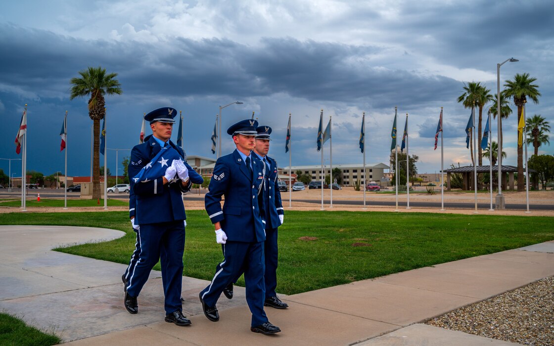 Members of the Luke Air Force Base Honor Guard march in formation, May 19, 2023, at Luke AFB, Arizona.