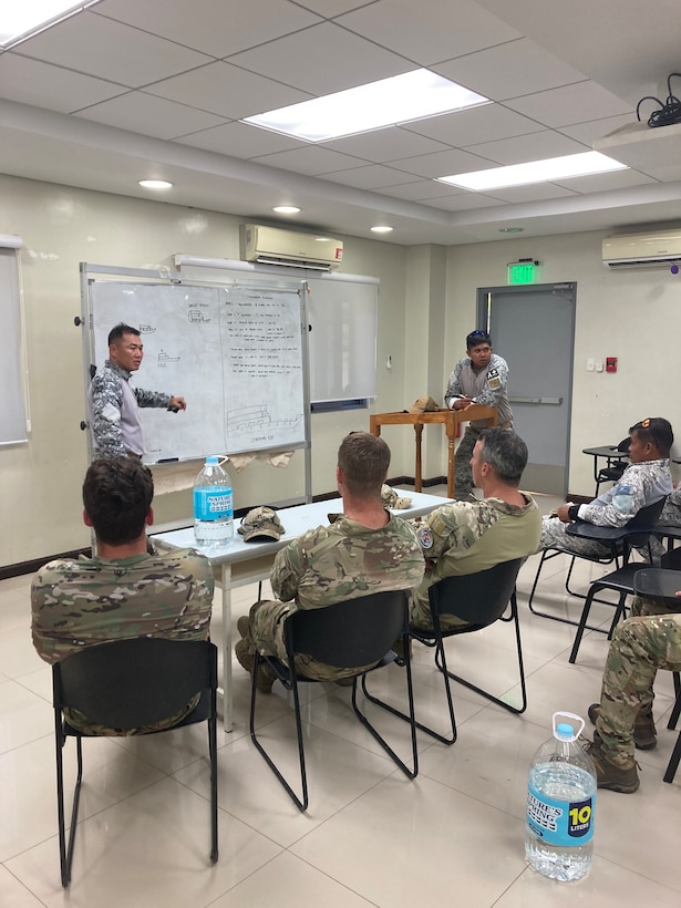 Servicemembers from the U.S. Coast Guard Maritime Security Response Team West and Philippines Coast Guard Special Operations Force conduct mission planning prior to maritime interdiction training as part of Balikatan 23 in Puerto Princesa, Philippines, April 18, 2023. Balikatan is an annual exercise between the Armed Forces of the Philippines and U.S. military designed to strengthen bilateral interoperability, capabilities, trust, and cooperation built over decades of shared experiences.  (U.S. Coast Guard courtesy photo).