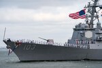 NORFOLK (May 25, 2023) The Arleigh Burke-class guided-missile destroyer USS Truxtun (DDG 103) returns to Naval Station Norfolk following a nine-month deployment with the George H.W. Bush Carrier Strike Group in the U.S. 5th and 6th Fleet areas of operation. (U.S. Navy photo by Mass Communication Specialist Nathan T. Beard)