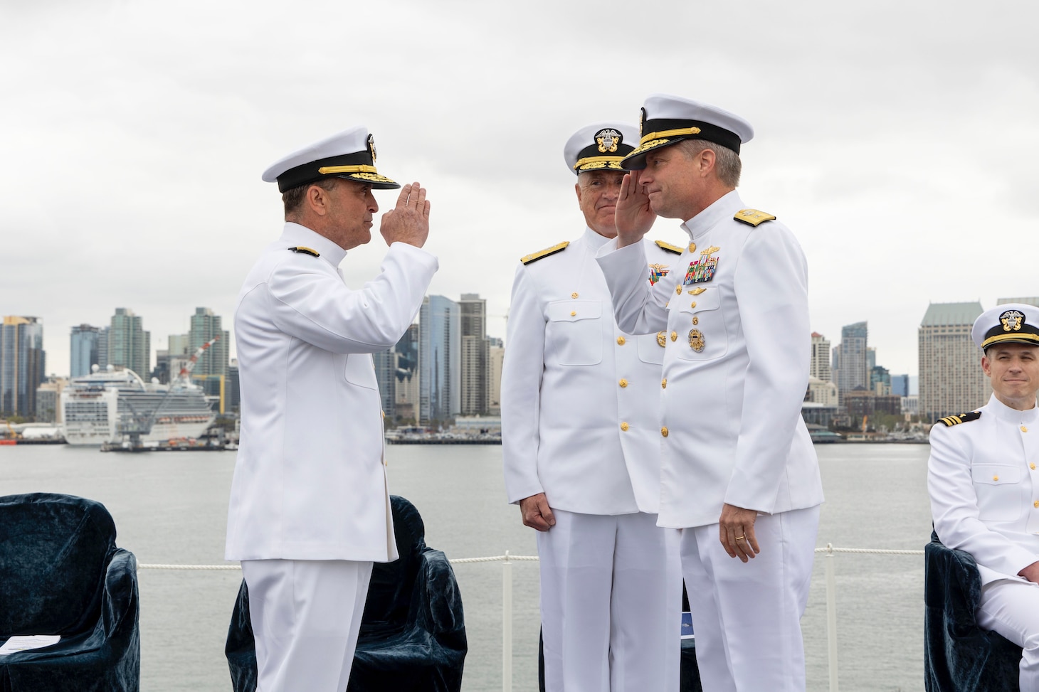 230525-N-LM220-1169 SAN DIEGO (May 25, 2023) Rear Adm. William Daly, right, relieves Rear Adm. Joseph Cahill, left, as commanding officer of Carrier Strike Group 15 during a change of command ceremony aboard Nimitz-class aircraft carrier USS Abraham Lincoln (CVN 72). Carrier Strike Group 15’s mission is to direct, execute, mentor, and assess at-sea live synthetic and academic integrated and advanced training of carrier strike group (CSG), expeditionary strike group (ESG), amphibious ready group (ARG), surface action group commanders, surface independent deployers, allies, and other designated groups, enabling them to operate in integrated, joint, and coalition environments. (U.S. Navy photo by Mass Communication Specialist 3rd Clayton A. Wren)