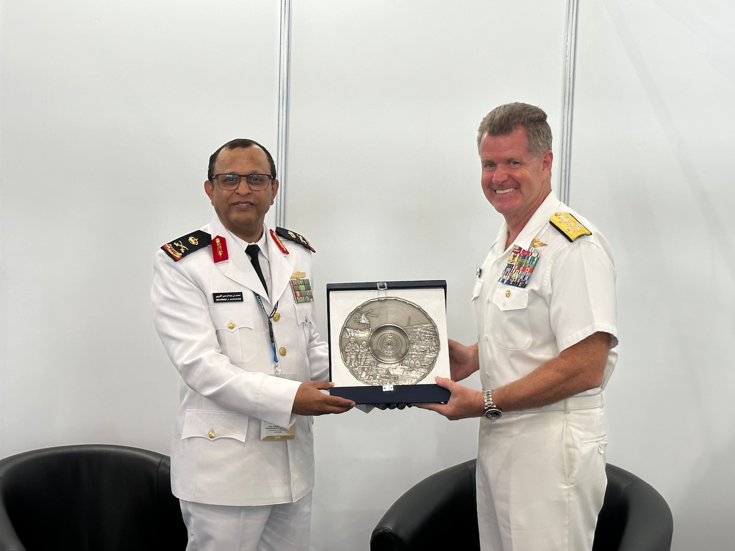 Rear Adm. Mohammed bin Abdirahman AI-Ghuraybi, deputy commander, Royal Saudi Naval Forces, and Adm. Samuel Paparo, commander, U.S. Pacific Fleet, pose for a photo during a bilateral meeting at Langkawi International Maritime and Aerospace Exhibition 2023 in Langkawi, Malaysia, May 24, 2023. The visit to Malaysia underscored the United States’ commitment to strengthening alliances and partnerships for an enduring resilient, free and open Indo-Pacific. (Photo courtesy of U.S. Navy)