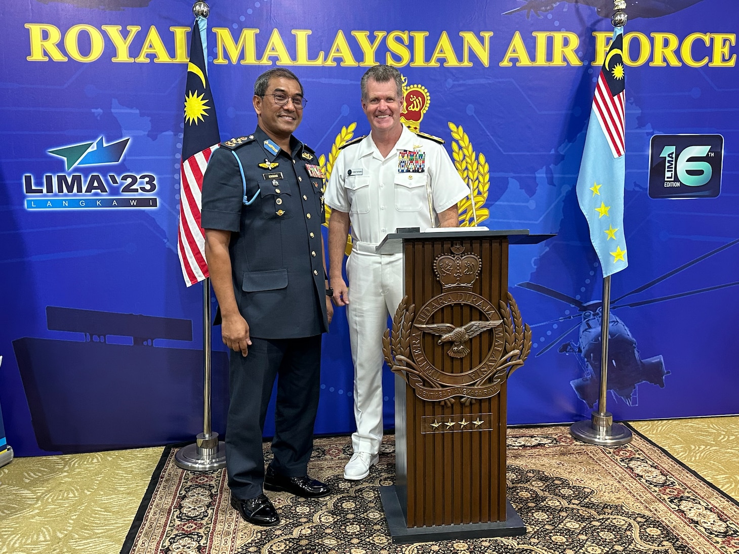 Gen. Tan Sri Asghar Khan, chief of Royal Malaysia Air Force, and Adm. Samuel Paparo, commander, U.S. Pacific Fleet meet during Lima 2023 at Langwaki, Malaysia, May 23, 2023. The visit to Malaysia underscored the United States’ commitment to strengthening alliances and partnerships for an enduring resilient, free and open Indo-Pacific. (U.S. Navy courtesy photo)