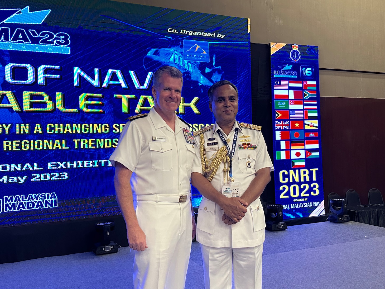 Adm. Samuel Paparo, commander, U.S. Pacific Fleet, meets with Adm. M. Shaheen Iqbal, chief of naval staff, Bangladesh Navy, during Lima 2023 in Langkawi, Malaysia, May 23, 2023. The visit to Malaysia underscored the United States’ commitment to strengthening alliances and partnerships for an enduring resilient, free and open Indo-Pacific. (U.S. Navy courtesy photo)