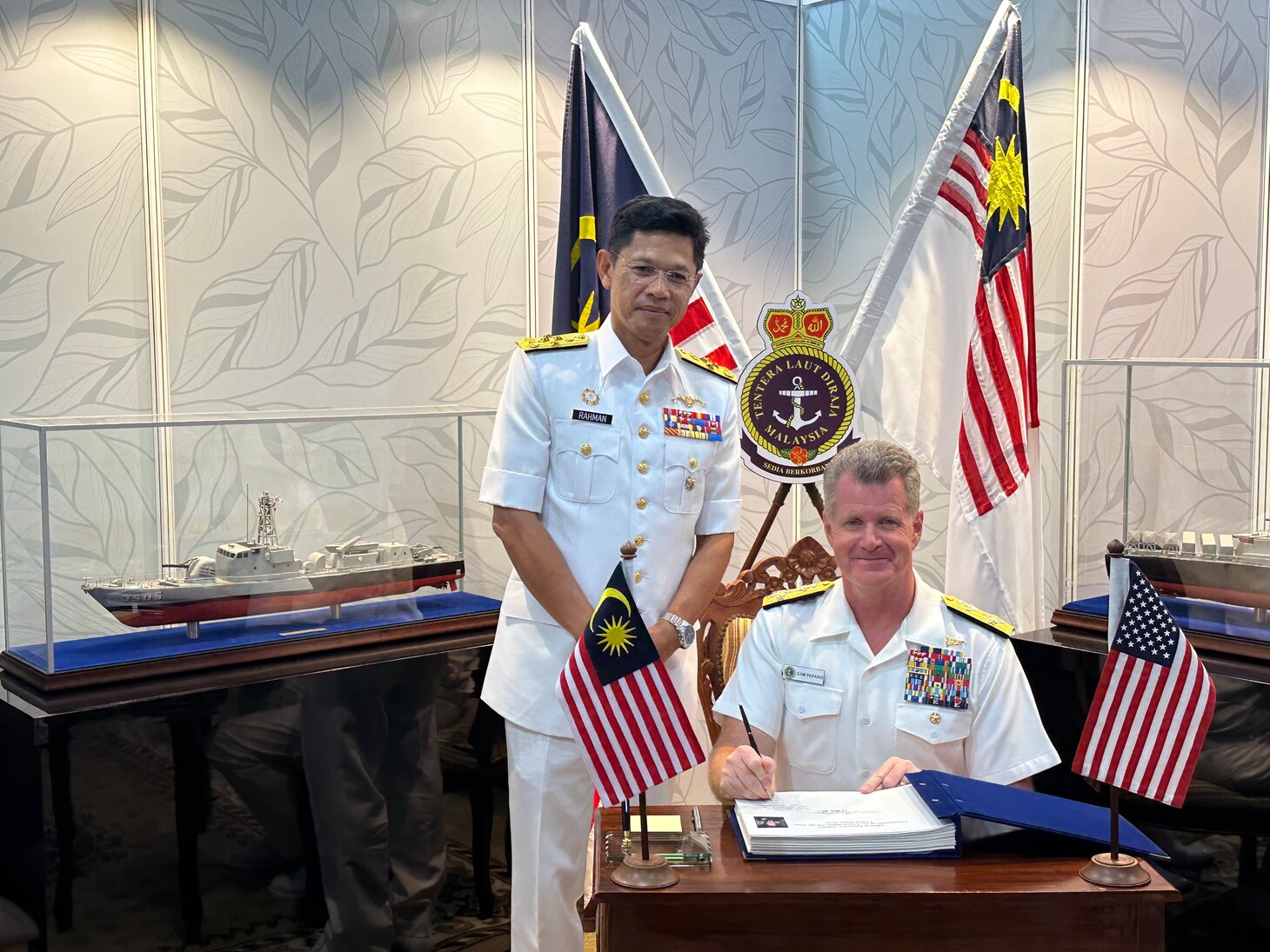 Adm. Samuel Paparo, commander, U.S. Pacific Fleet, and Adm. Datuk Abdul Rahman bin Ayob, chief of navy, Royal Malaysian Navy, pose for a photo during a bilateral meeting at Langkawi International Maritime and Aerospace Exhibition 2023 in Langkawi, Malaysia, May 24, 2023. The visit to Malaysia underscored the United States’ commitment to strengthening alliances and partnerships for an enduring resilient, free and open Indo-Pacific. (U.S. Navy courtesy photo)