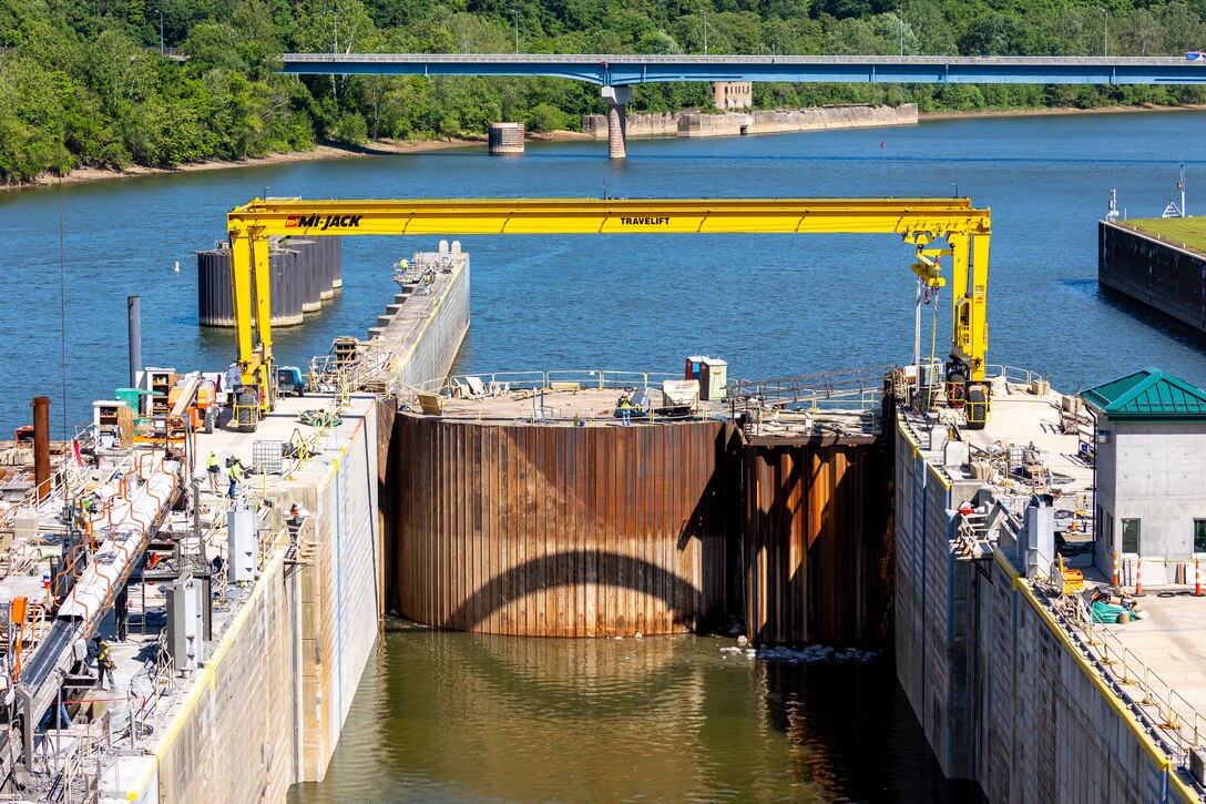 Dam chamber on Monongahela river filling with water.