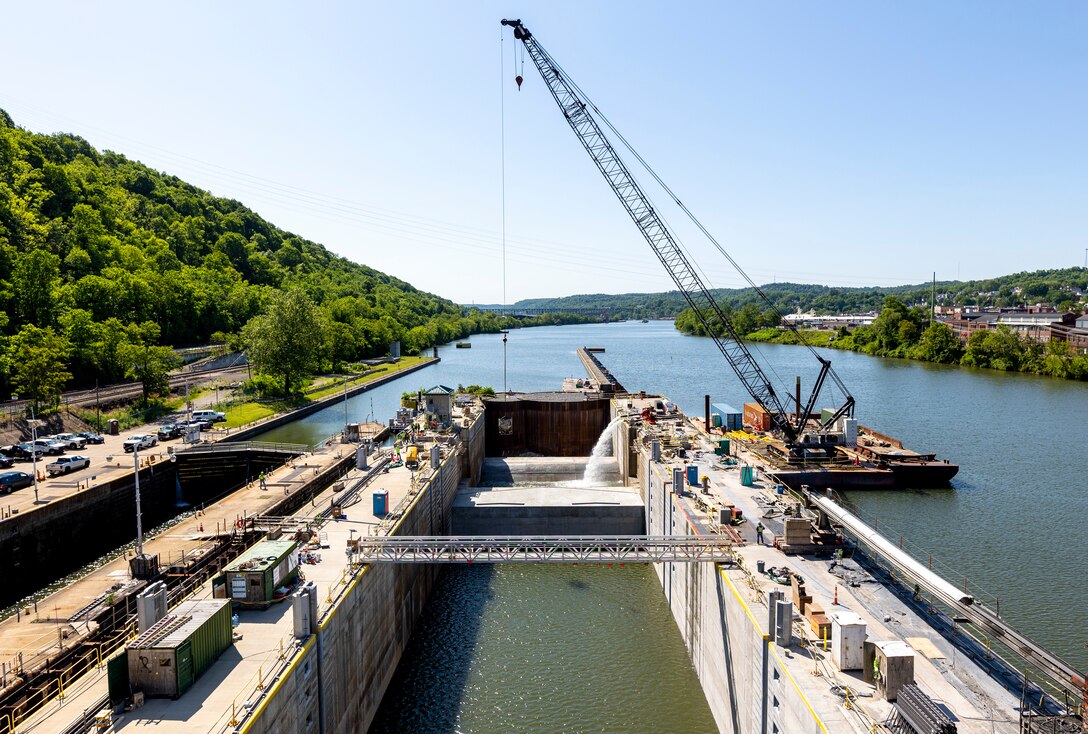 Dam chamber on Monongahela river filling with water.
